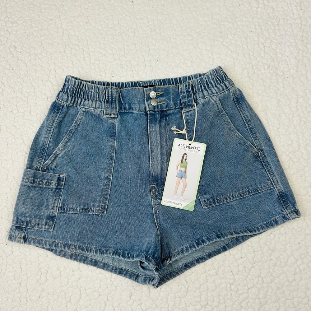 NWT Simple Society Denim Shorts Women's 7/28 Utility High Rise Elastic Waist
